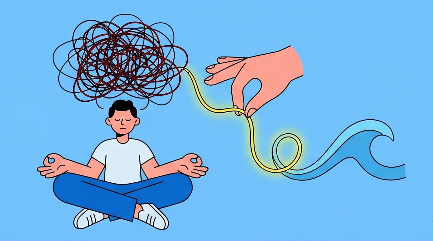 An illustration of a person using mindfulness meditation for anxiety to untangle a chaotic cloud of thoughts and reset their nervous system.