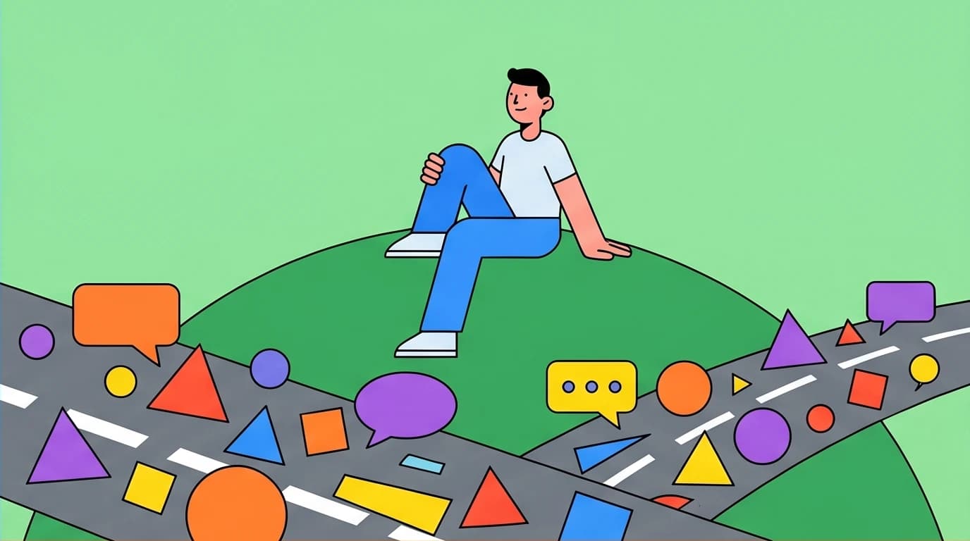 A person calmly observes their racing thoughts, depicted as cars on a highway, demonstrating a key mindfulness meditation technique.