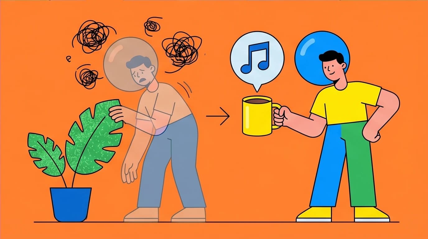 A visual guide to the 5-4-3-2-1 sensory method for panic attacks, showing a person grounding themselves by focusing on sight, touch, and sound.