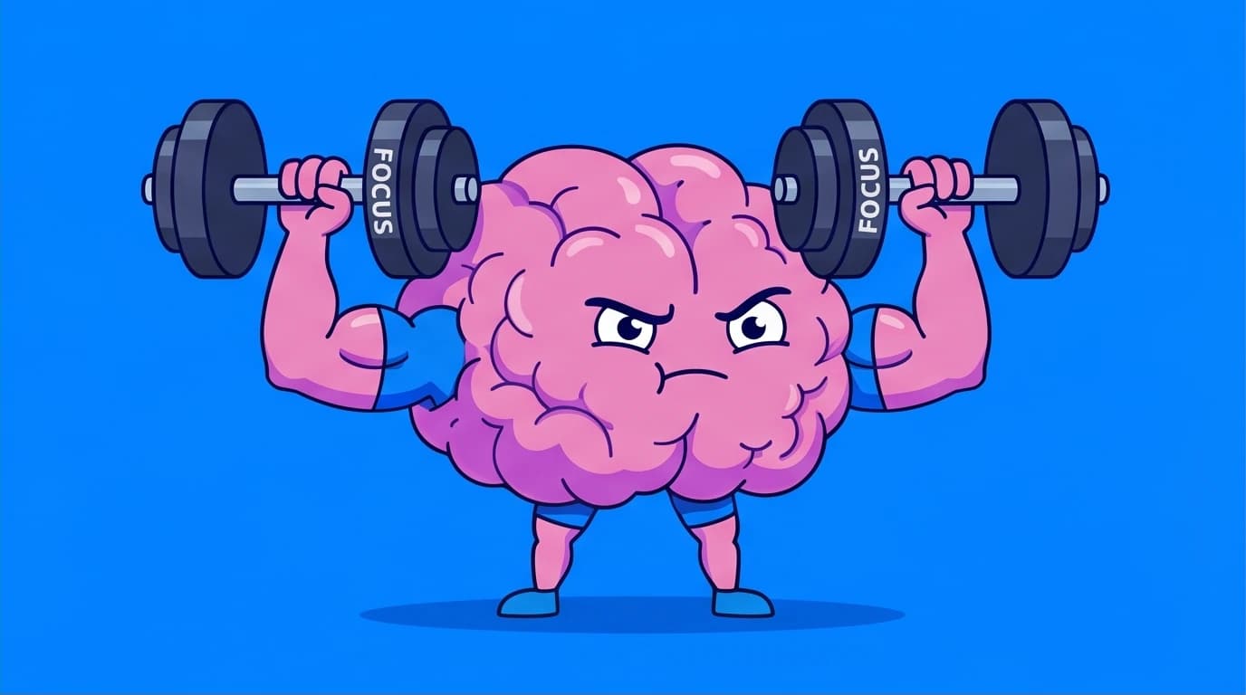 A cartoon brain lifting a dumbbell labeled 'FOCUS,' a metaphor for strengthening attention with mindfulness meditation as a mental workout.