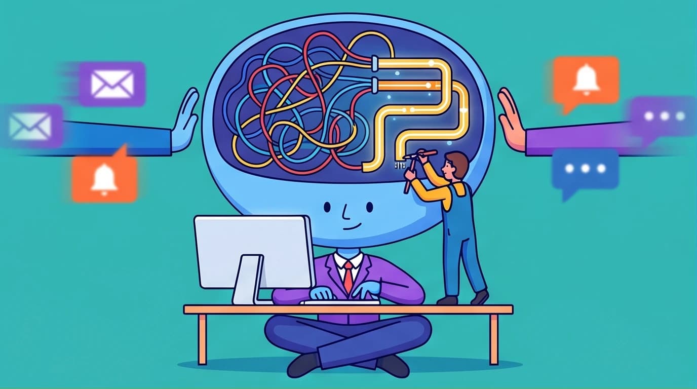Illustration of a brain being rewired for deep work, demonstrating how mindfulness meditation for focus can eliminate distractions.