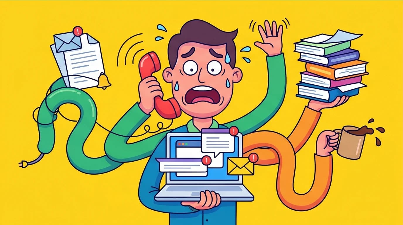 A stressed worker fails to multitask, proving multitasking is a myth and single-tasking with mindfulness boosts productivity.