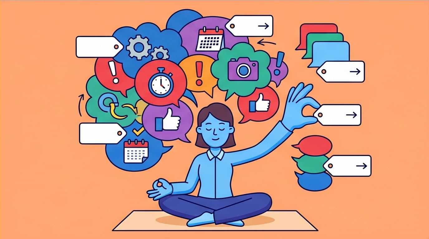A person uses the noting method meditation technique to label and organize chaotic thoughts, achieving mental clarity for deep work.