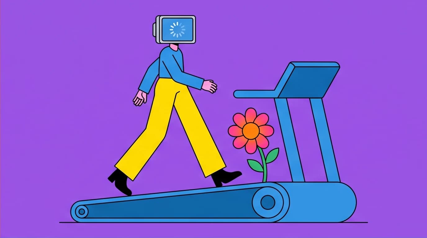 A character on autopilot on a treadmill, missing a vibrant flower, illustrating how mindfulness helps overcome the mental 'autopilot' mode and reduce anxiety.