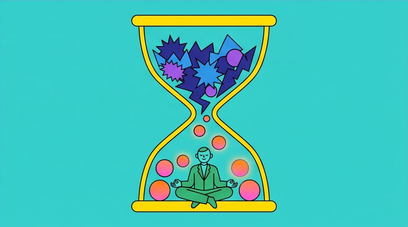 An hourglass visualizing the Three-Minute Breathing Space, where chaotic thoughts transform into calm, a practical mindfulness technique for anxiety relief.