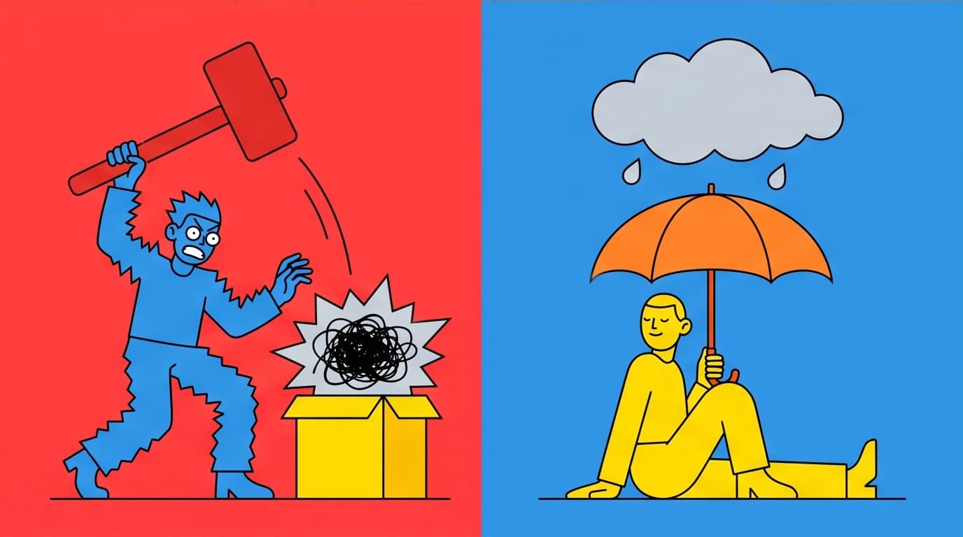 A split-screen showing the contrast between the frantic 'Doing Mode' and the calm 'Being Mode' for handling emotions, a key mindfulness concept.