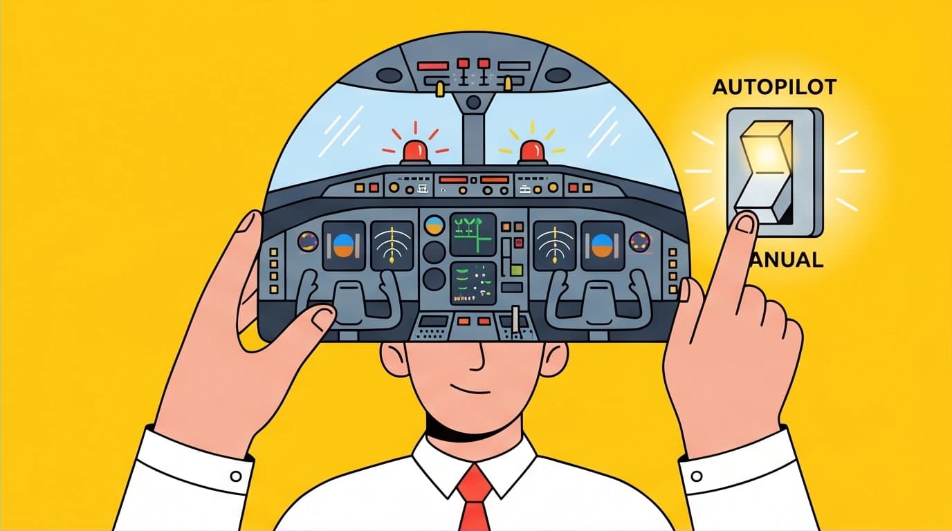 A metaphor for mindfulness practice: a person switches their brain's control panel from 'autopilot' to 'manual' to regain focus and stop anxiety.
