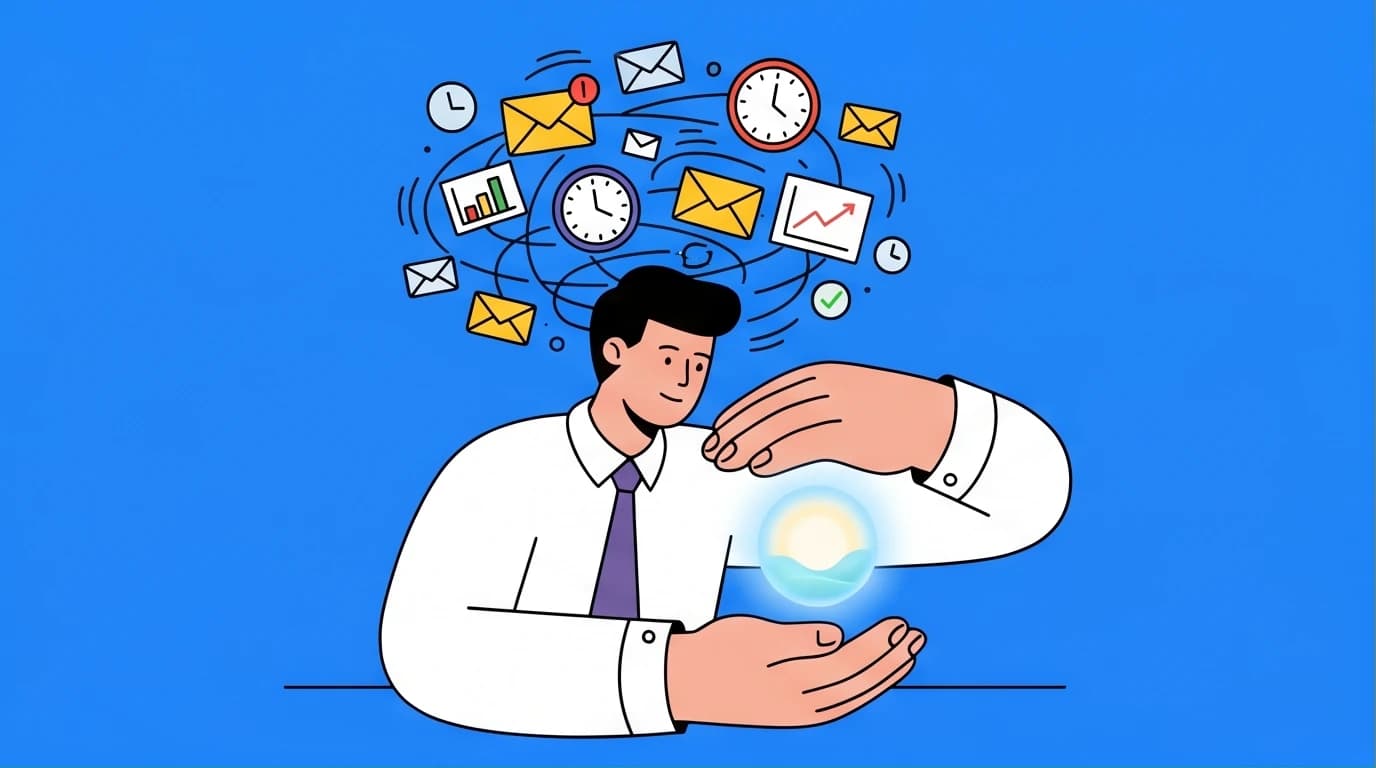 An illustration for a guide on mindfulness practice, showing an office worker finding a calm moment amidst the chaos of daily tasks and mental autopilot.