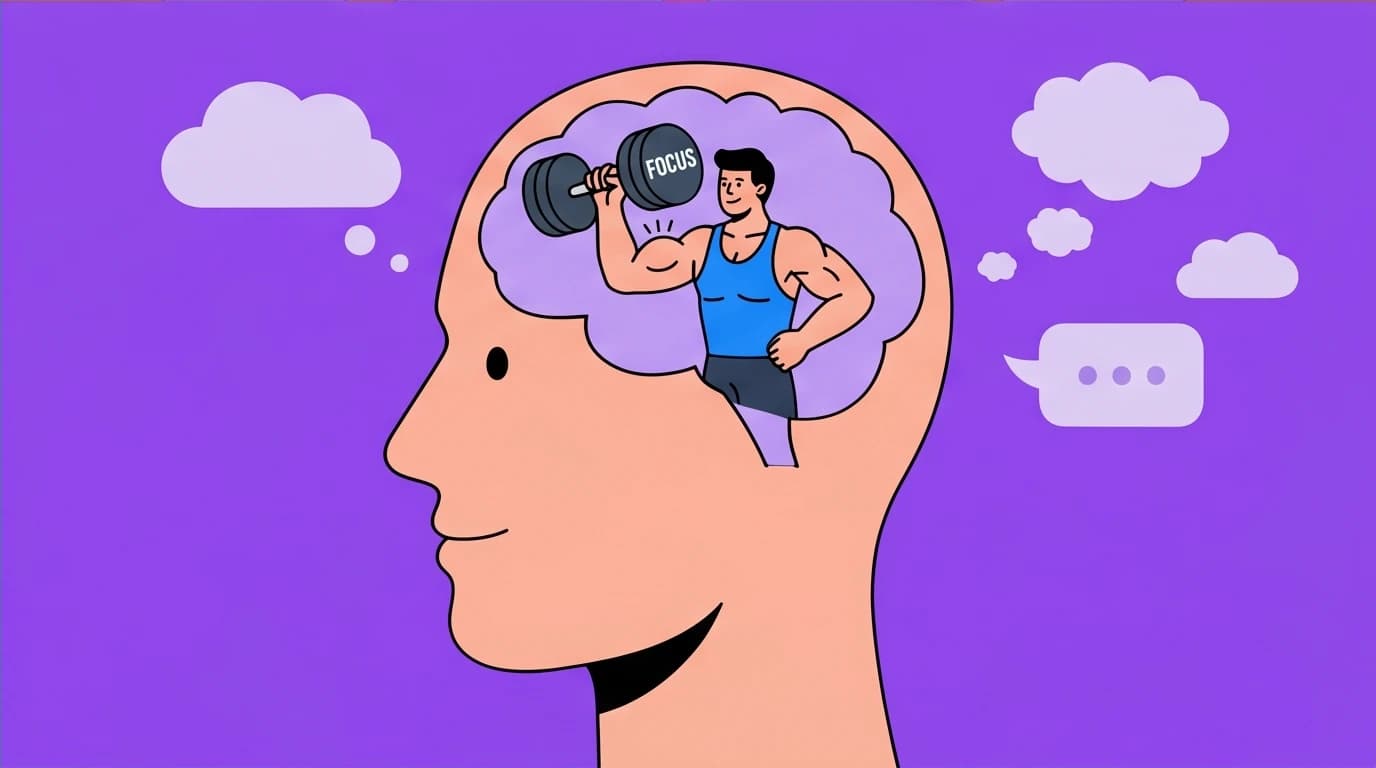 Conceptual art showing mindfulness as a brain workout, where a tiny person lifts a dumbbell labeled 'FOCUS' inside a giant head.