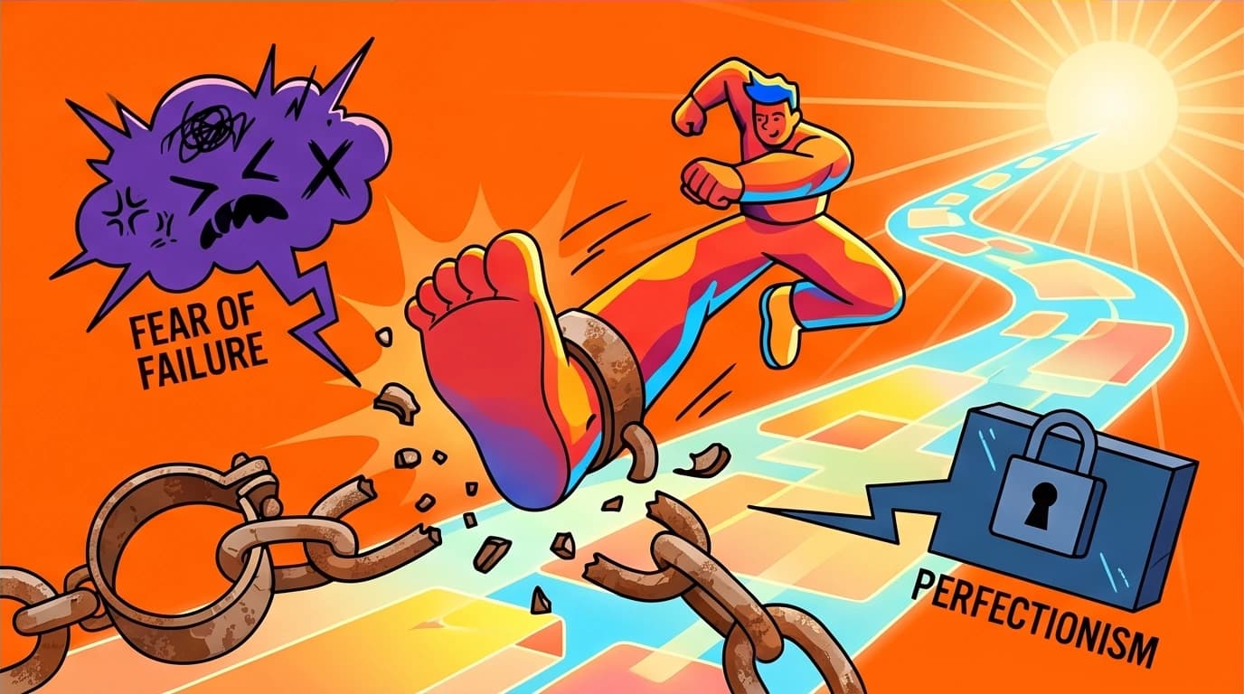 A character breaks free from the chains of self-criticism, showing how self-compassion enhances resilience and is not a sign of weakness or laziness.