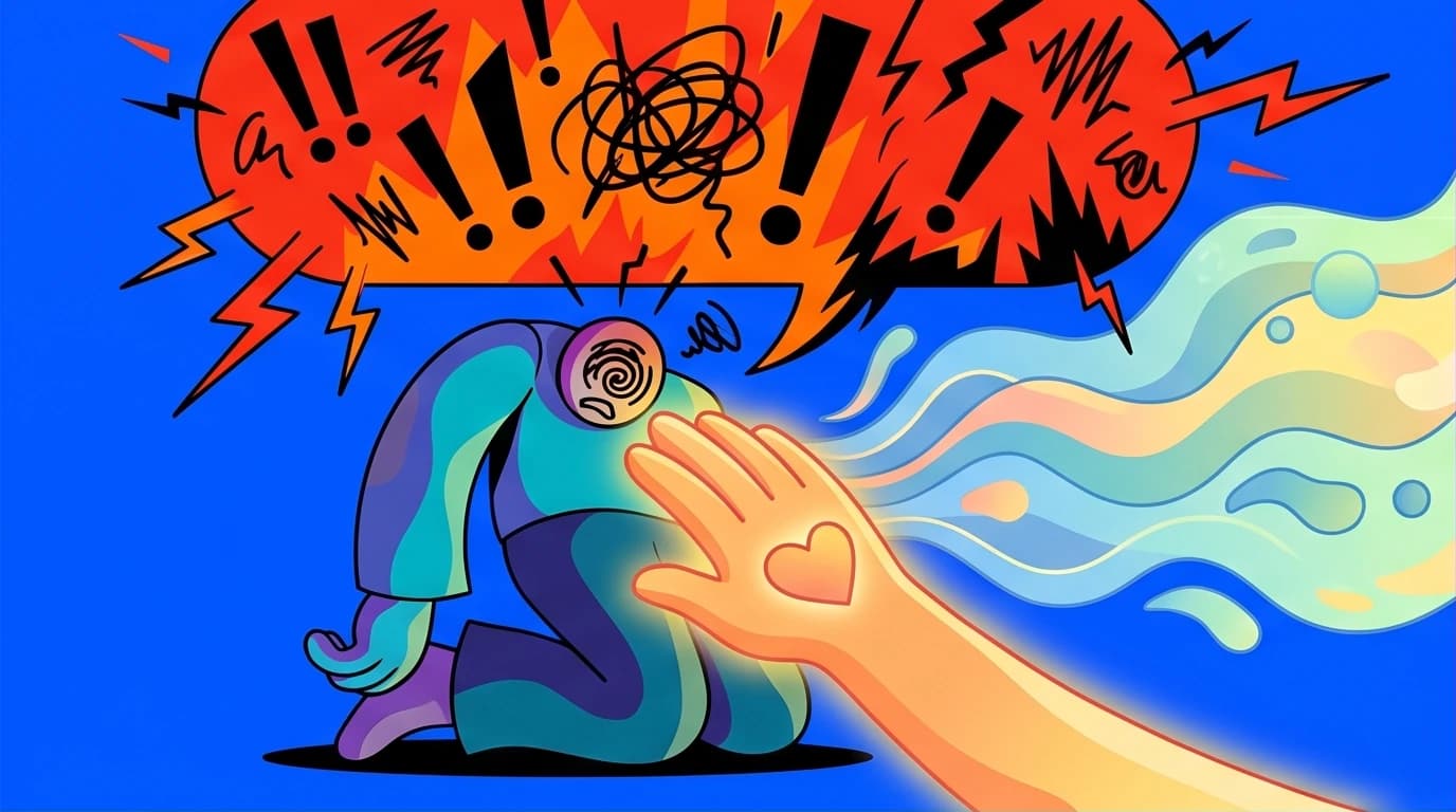 Illustration of a person using mindful self-compassion practice to stop a storm of inner self-criticism, achieving mental calm and well-being.