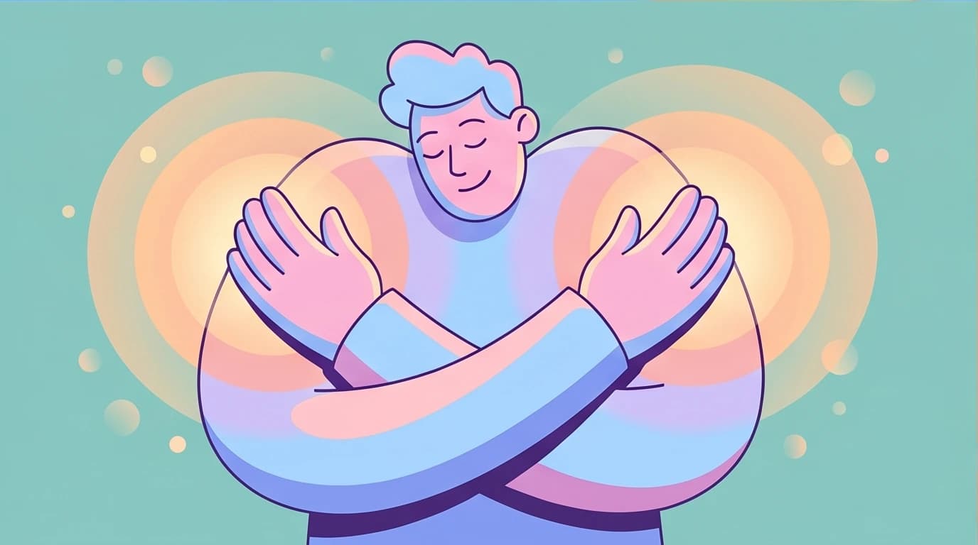 A person using the soothing touch technique as a method to stop self-criticism, demonstrating a self-hug to reduce stress and anxiety.