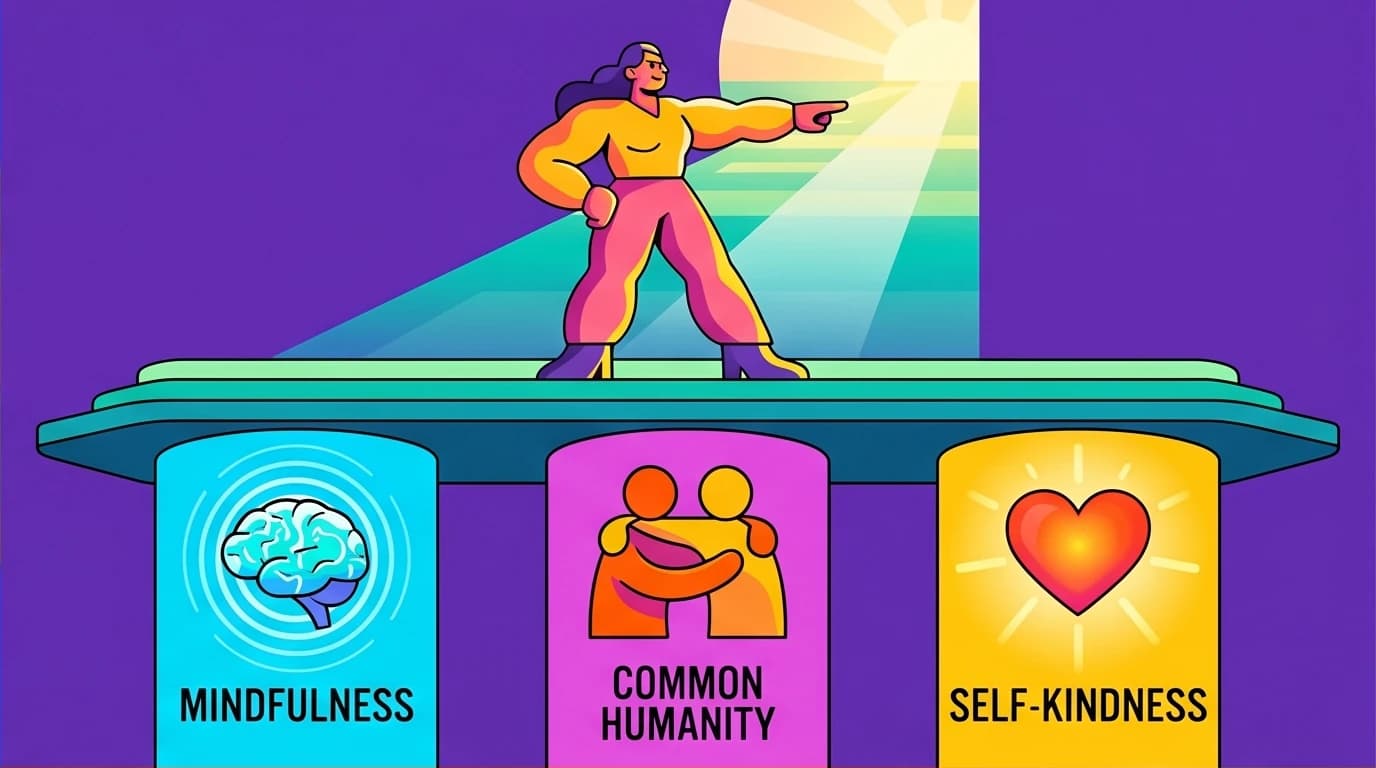 A character standing on the three core pillars of self-compassion: mindfulness, common humanity, and self-kindness, a core concept for mental health.