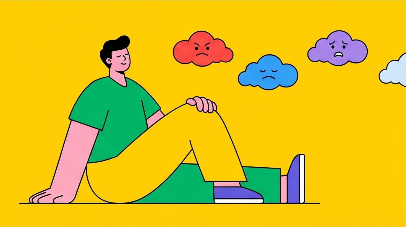 A character observing emotions as passing clouds, illustrating the mindfulness technique of emotion regulation to cope with anxiety.