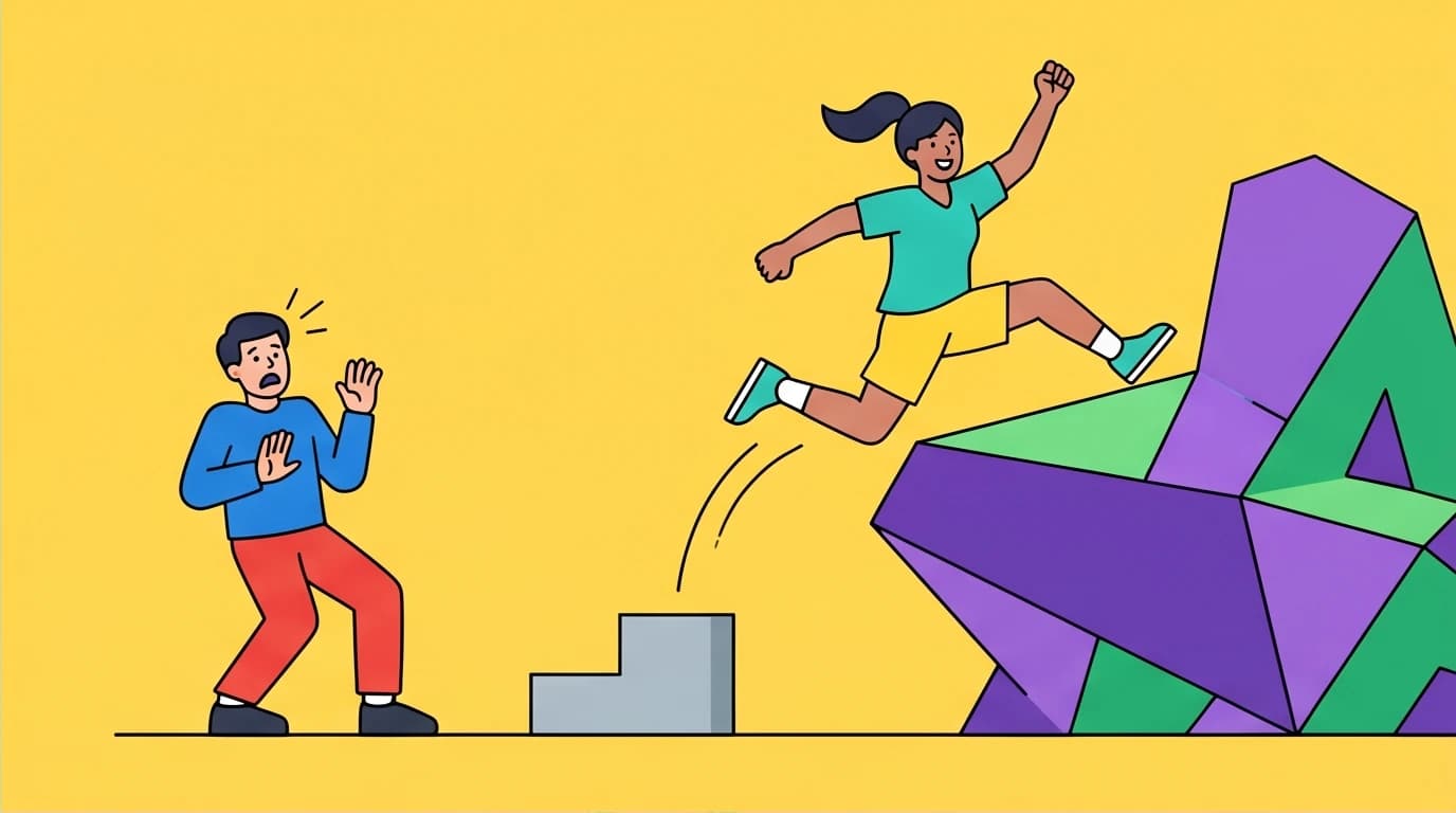 A visual summary of fixed vs. growth mindset: one person fears a small step while another joyfully leaps over a huge obstacle, based on Carol Dweck's research.