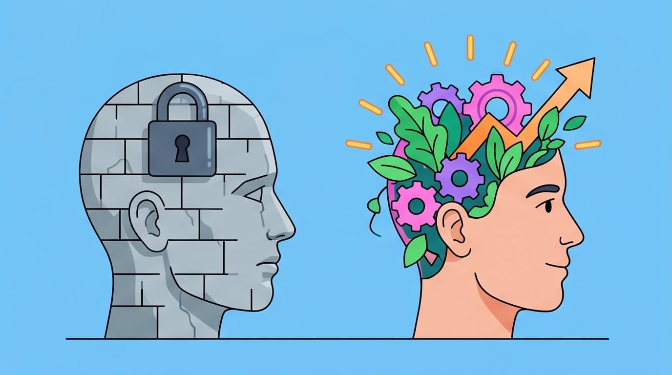 An illustration from the Mindset book summary showing the contrast between a fixed mindset (a locked stone head) and a growth mindset (a vibrant, growing brain).