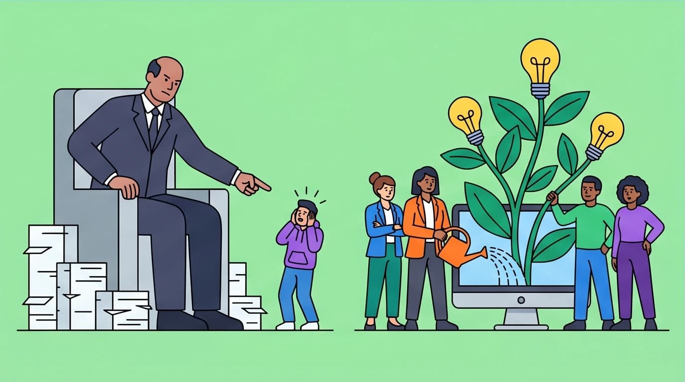Illustration showing a growth mindset leader nurturing an idea plant with their team versus a fixed mindset leader ruling from a throne, a core concept from the Mindset book.