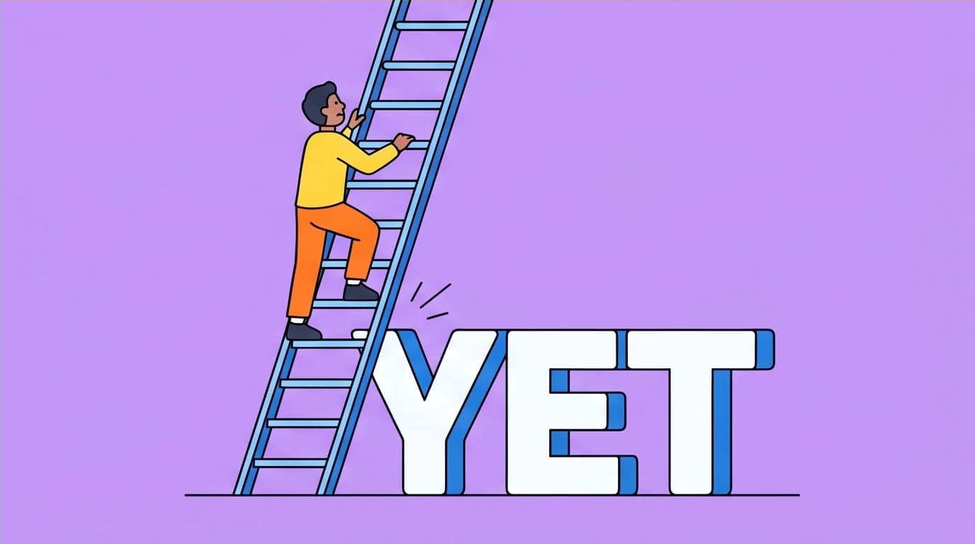 A character climbing a ladder of skill with the word 'YET' as a safety net, a key takeaway from Carol Dweck's Mindset book summary about embracing challenges.