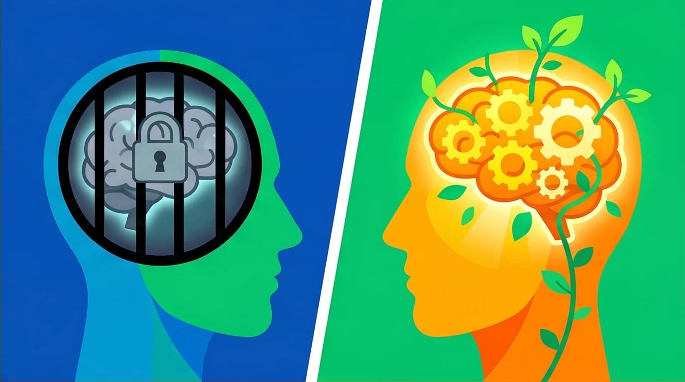 A conceptual illustration contrasting a fixed mindset (a brain in a cage) with a growth mindset (a brain with growing gears and plants).