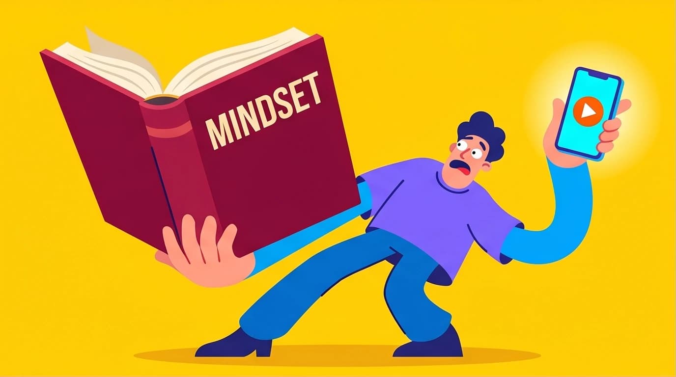 An illustration for a Mindset Carol Dweck review, showing a person deciding whether to read the long book or get a short summary.