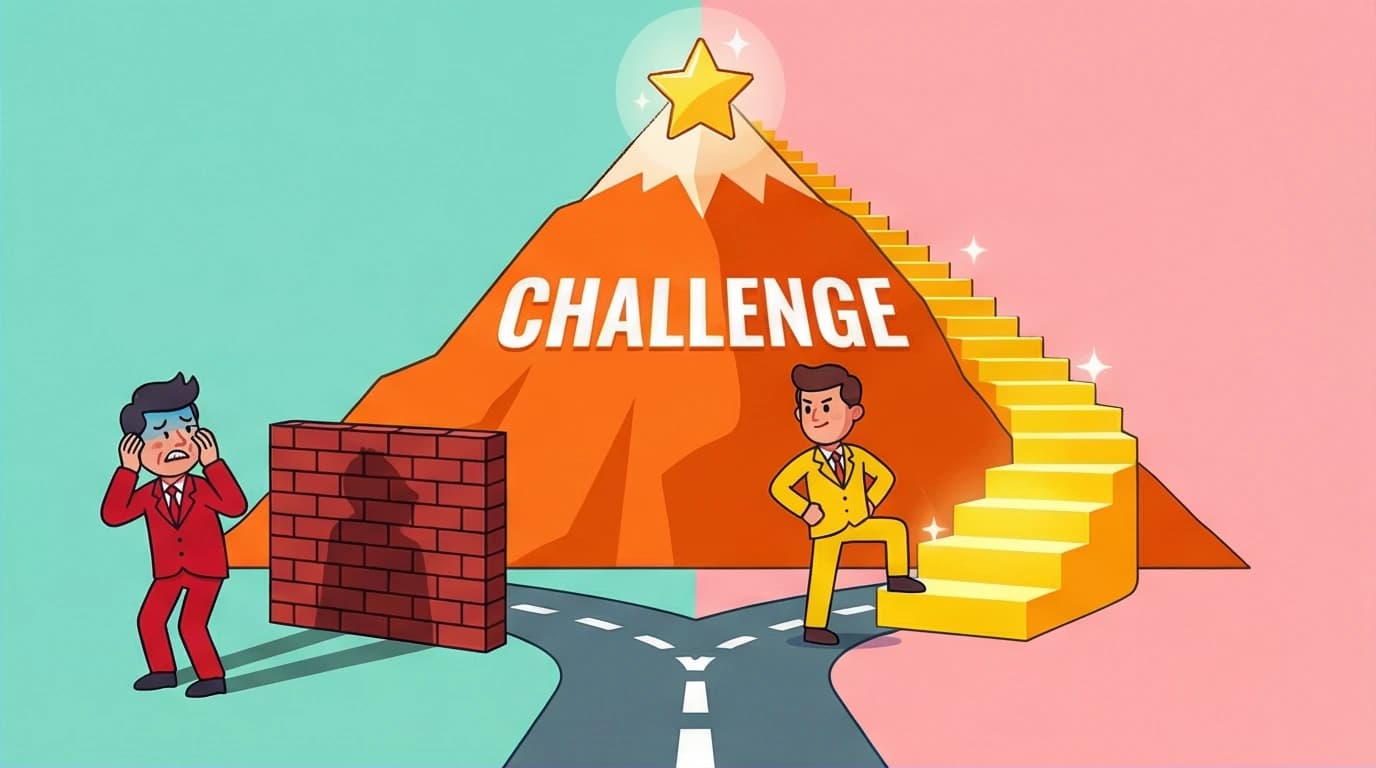 A growth mindset character views a challenge as a staircase to success, while a fixed mindset character sees a wall, illustrating a key concept from the Mindset summary.