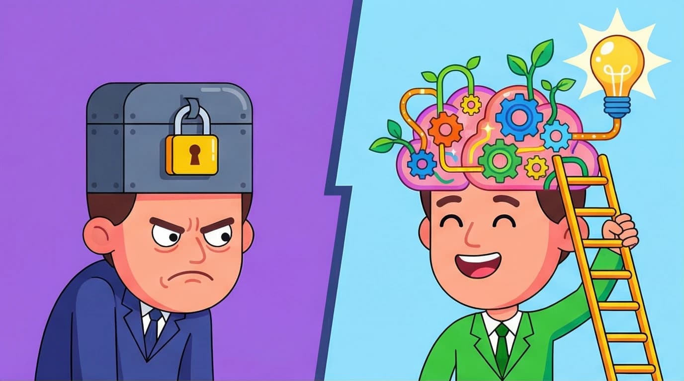 An illustration of the growth mindset vs. the fixed mindset from Carol Dweck's book, showing one brain as a vibrant, growing system and the other as a locked box.