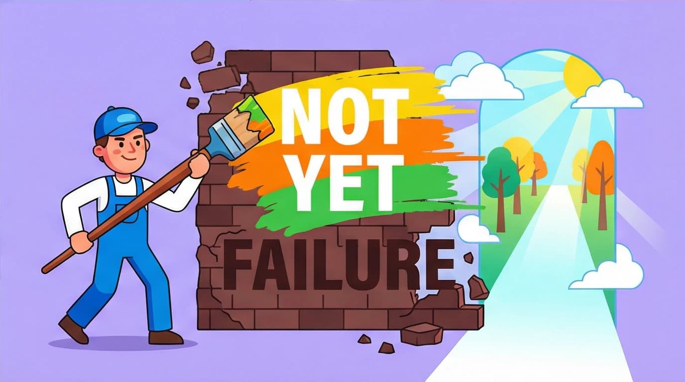 A character turns a wall labeled 'Failure' into a path forward by painting 'Not Yet,' a key growth mindset technique from Carol Dweck's book summary to reframe setbacks.