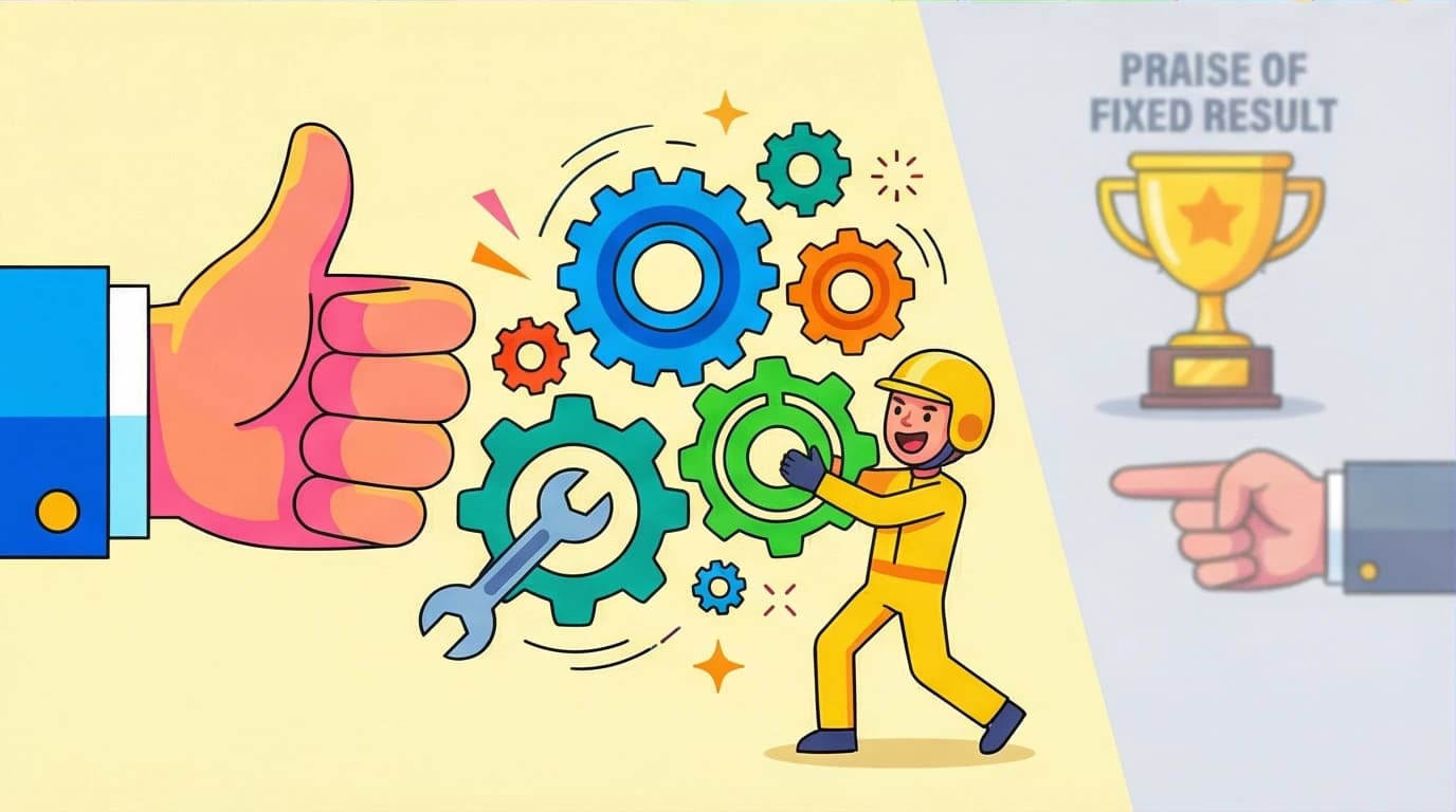 A visual based on Carol Dweck's Mindset principles showing the importance of praising the process (effort and gears) over just the final result to foster a growth mindset.