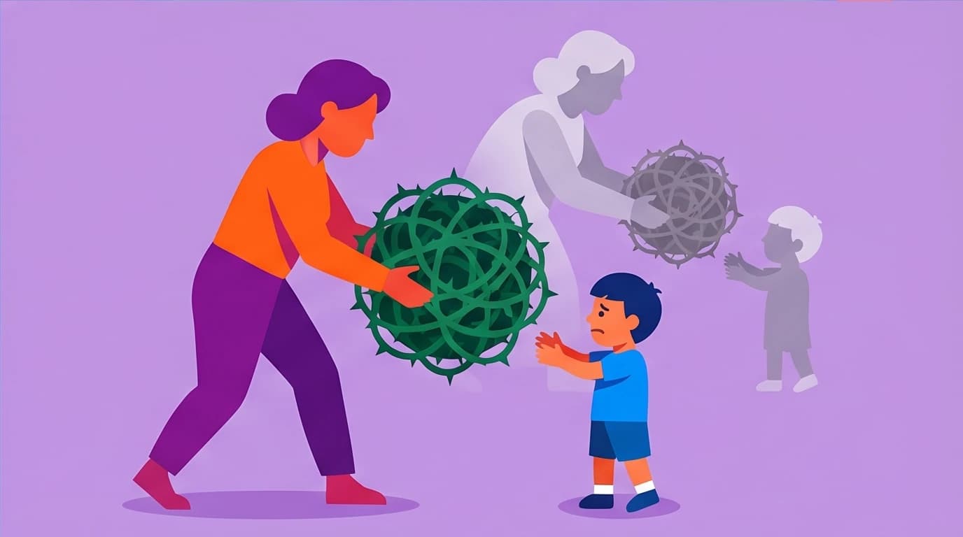 An illustration depicting the cycle of generational trauma, where pain is passed from parent to child, a core concept in the Mommie Dearest book analysis.