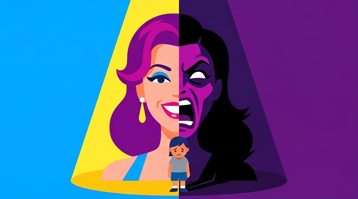 Illustration of a narcissistic mother's two faces—a glamorous public facade and a private, abusive one—a core theme in the Mommie Dearest book analysis.