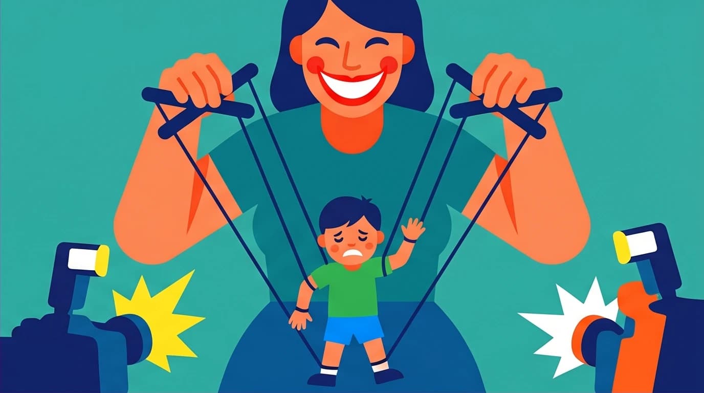 An illustration of a narcissistic mother as a puppeteer, controlling her child for public image, representing the performative parenting of Joan Crawford.