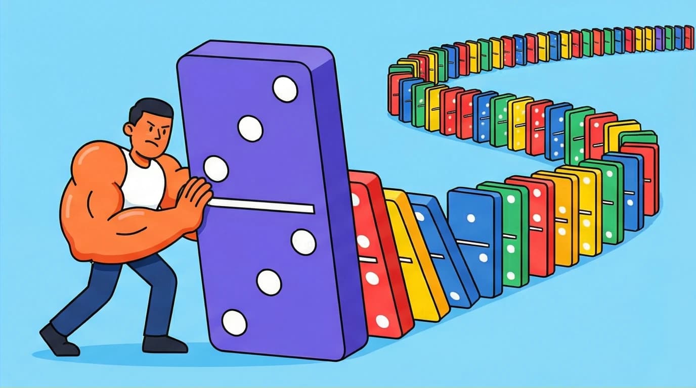 A character pushing a giant first domino to start a chain reaction, symbolizing how morning success quotes help you get started on Monday tasks.