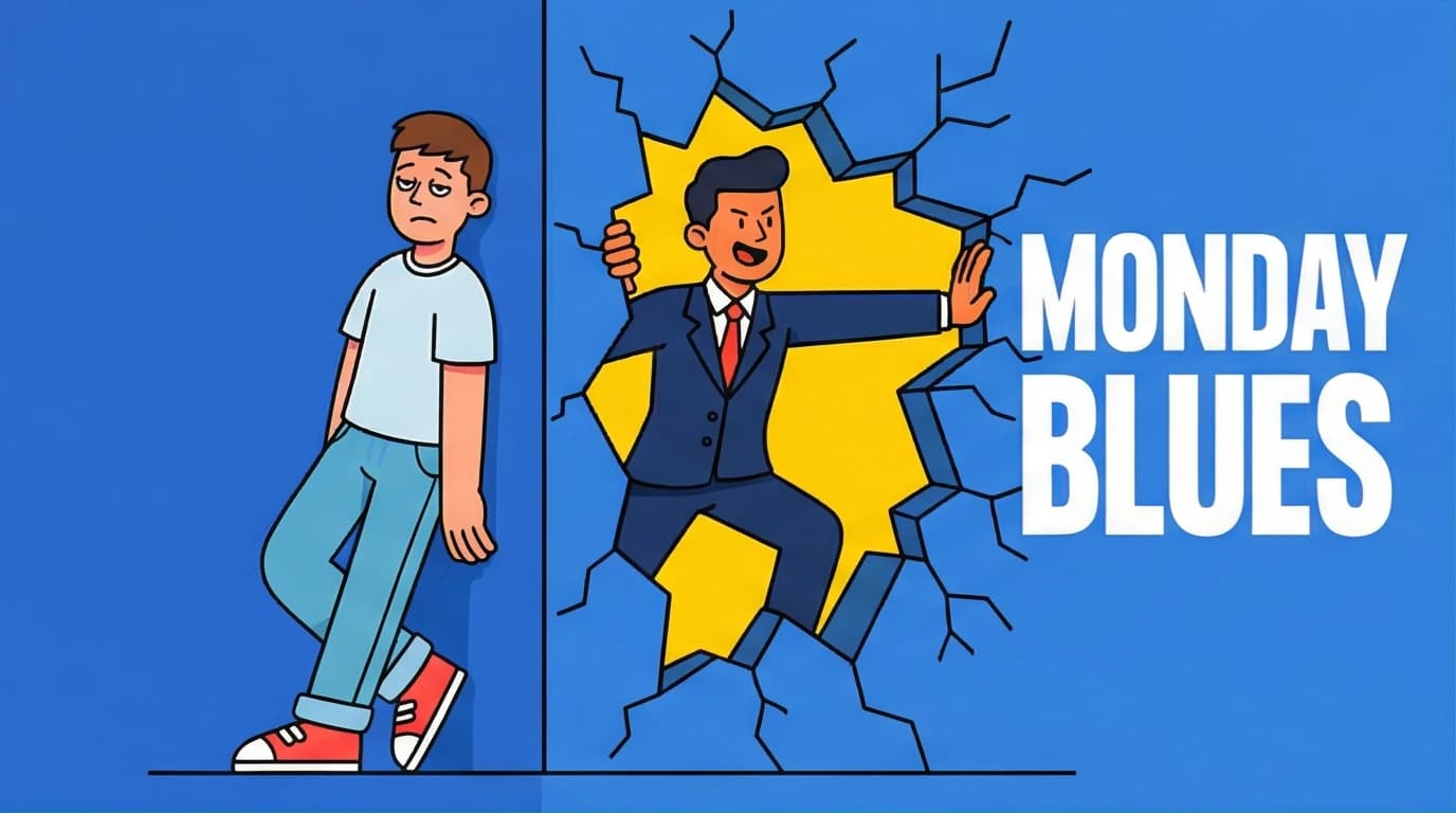 An illustration of a person transforming from relaxed weekend mode to high-performance work mode, representing the power of Monday motivation quotes to conquer the workweek.