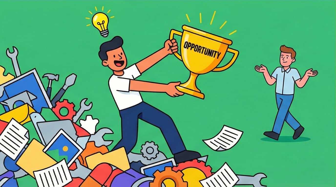Illustration of a person finding a golden opportunity trophy hidden in a pile of work, a metaphor for good morning quotes for work.