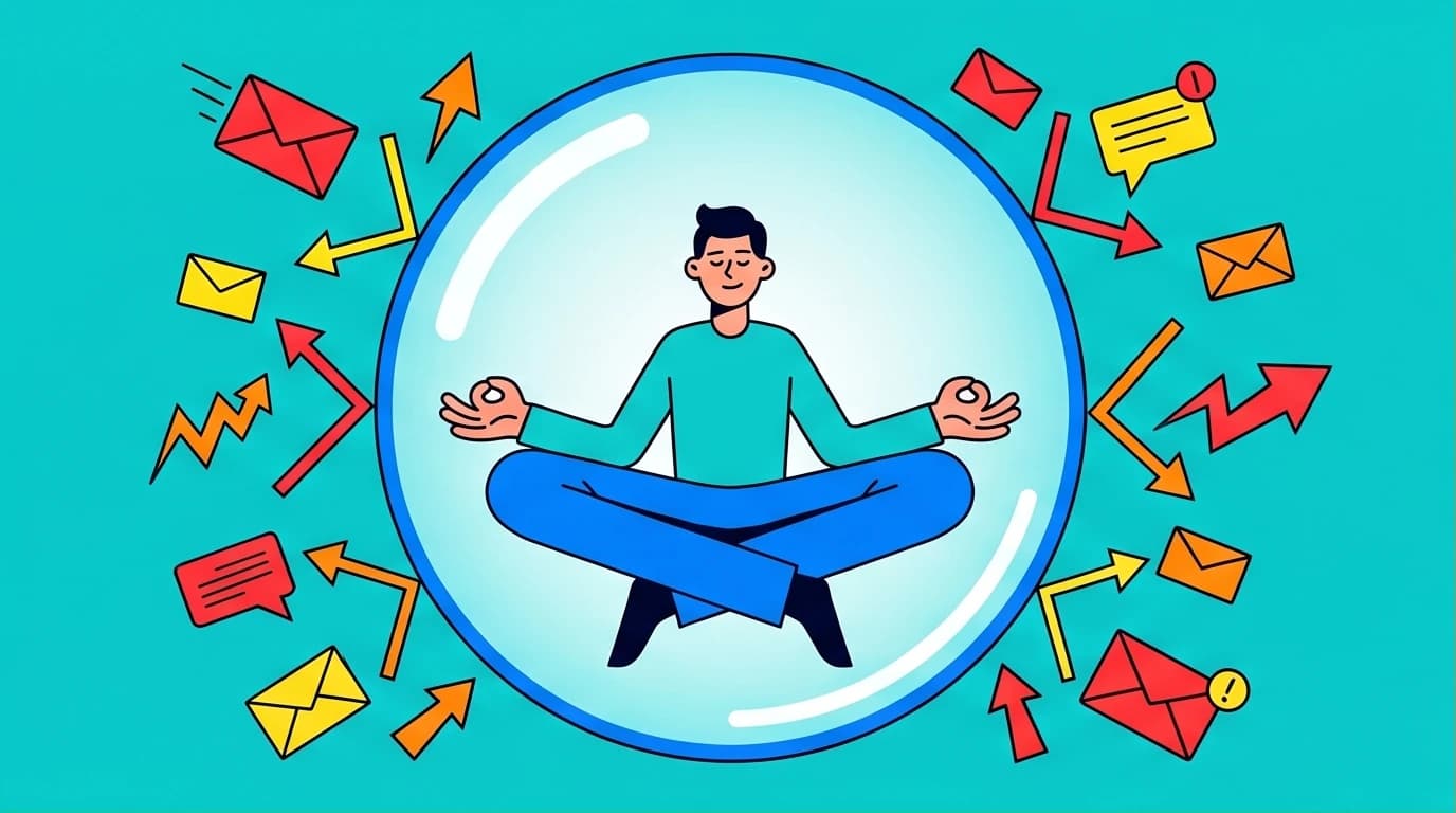 Illustration of a person achieving calm and focus with a morning mindset routine for success, protected from stress by a glowing shield.