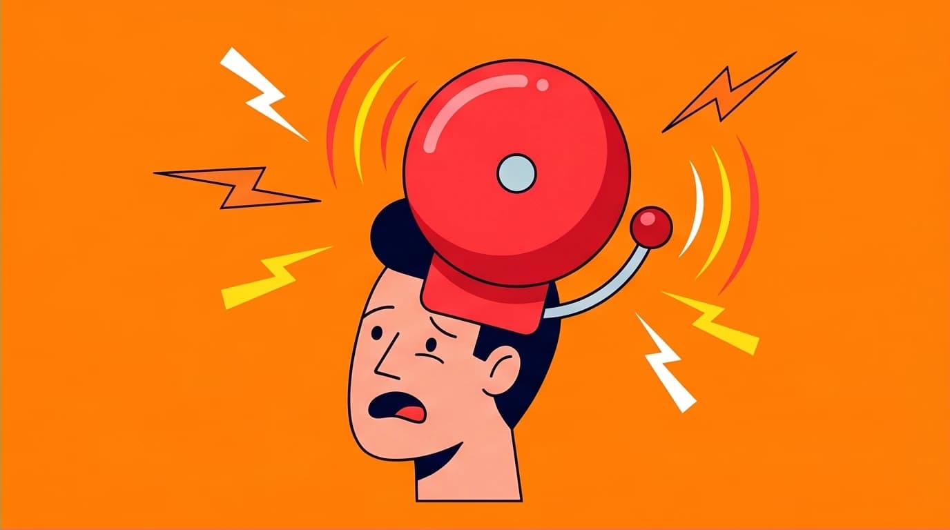 A visual metaphor for burnout and chronic stress, showing a person's brain as a loud, ringing alarm that needs a morning reset.
