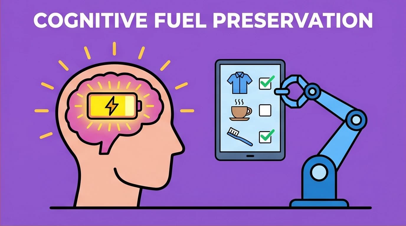 A visual metaphor for a successful morning routine preserving cognitive energy, showing a brain as a full battery by automating mundane daily decisions.