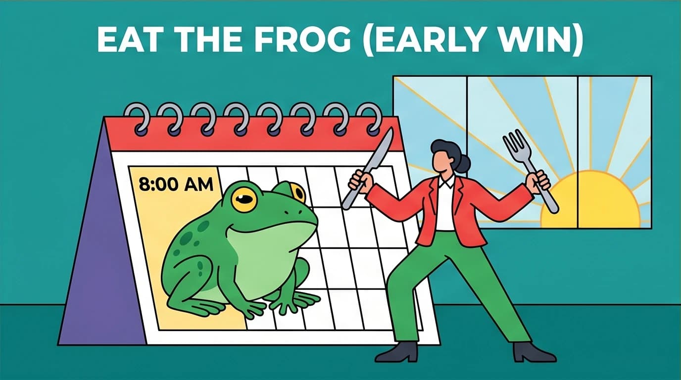 An illustration of the 'eat the frog' productivity method, showing a professional ready to tackle their biggest task first thing in their morning routine.
