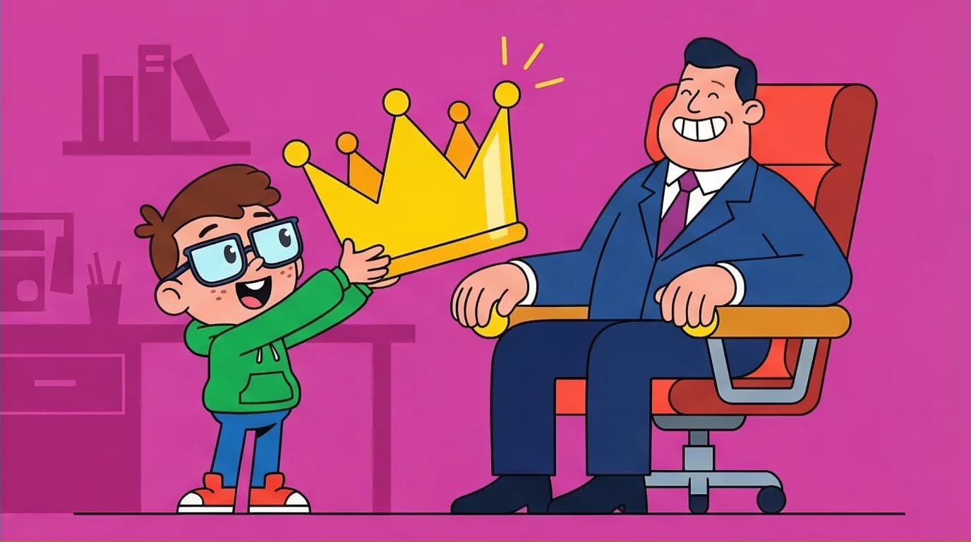 An employee giving a giant crown to their boss, illustrating Law 1 from the 48 laws of power: Never Outshine the Master in the workplace.