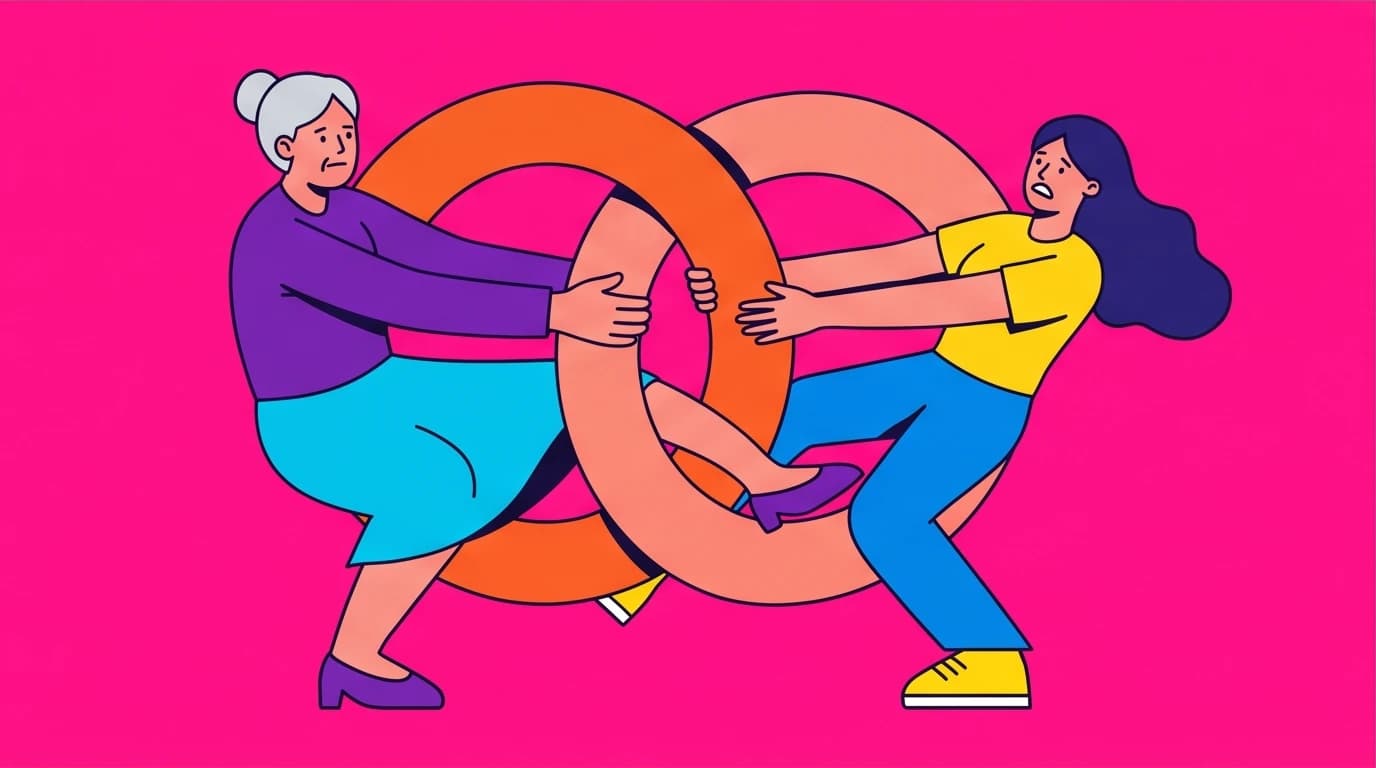 Illustration of enmeshment in toxic family dynamics, with a mother and daughter's bodies tangled together to show lack of separation.