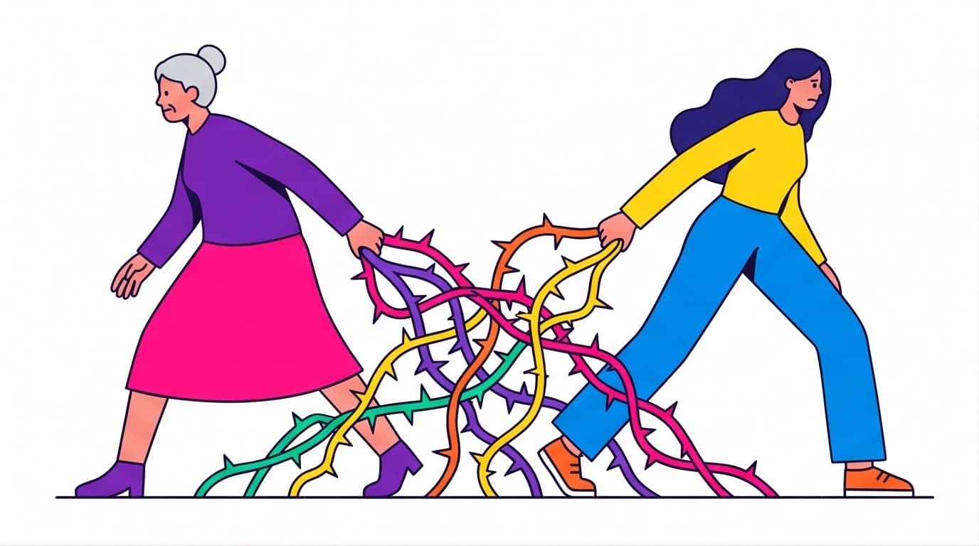 Illustration of psychological friction in mother daughter relationships, with two women bound by thorny roots of generational trauma.