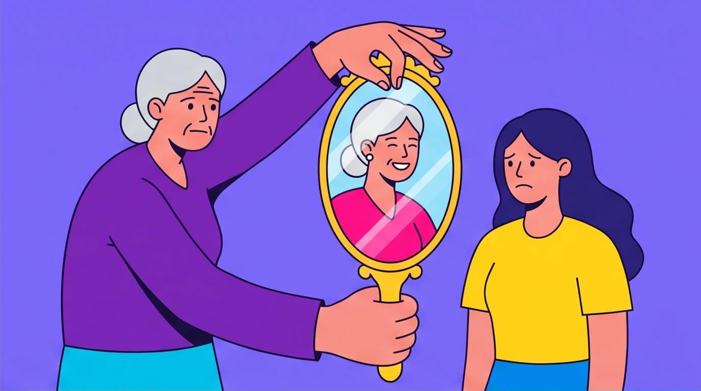 A mother holds a mirror to her daughter, whose reflection is the mother's younger self, visualizing projection in family relationships.