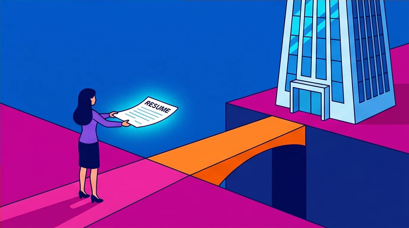 Illustration of a mother transforming her resume gap into a bridge to a corporate building, reframing the motherhood experience as an executive strength.