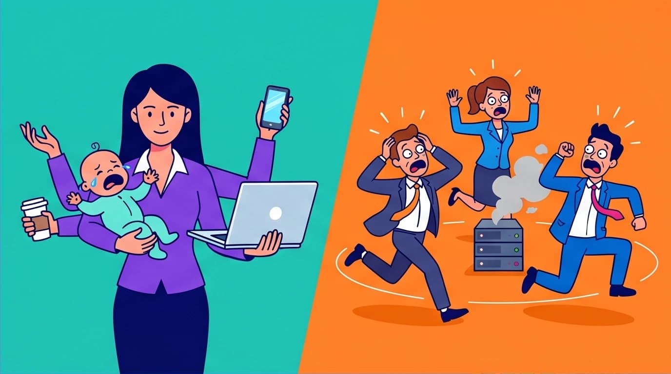 A split-screen illustration showing a calm mother managing a household crisis versus panicked executives, highlighting advanced crisis management skills from parenting.