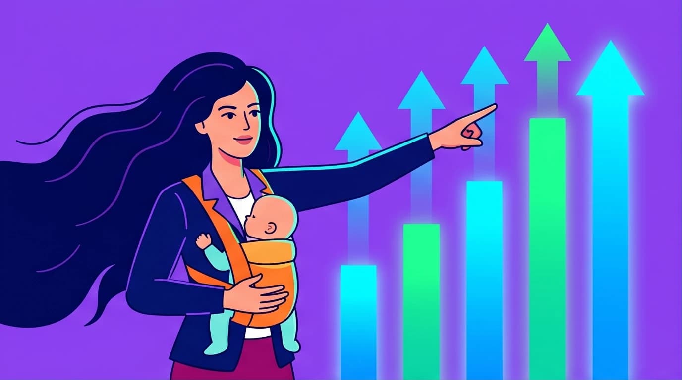 An illustration of a woman combining motherhood and leadership, holding a baby while pointing at a growth chart, symbolizing parenting as executive power.