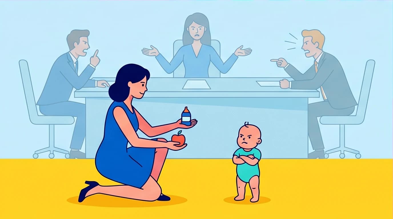 A woman uses interest-based negotiation skills learned from parenting a toddler to resolve a conflict in the boardroom, showing transferable leadership skills.