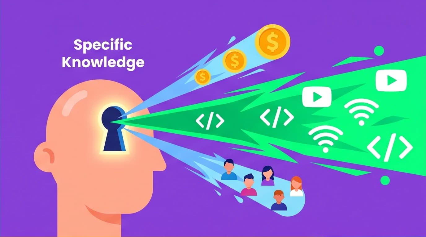 A visual explanation of Naval Ravikant's concept of leverage, where specific knowledge is amplified by code, media, and capital to build wealth.