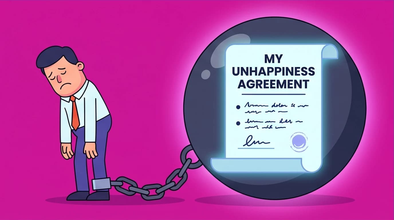 A person chained to an 'unhappiness contract' of desire, a core metaphor from Naval Ravikant's happiness equation.