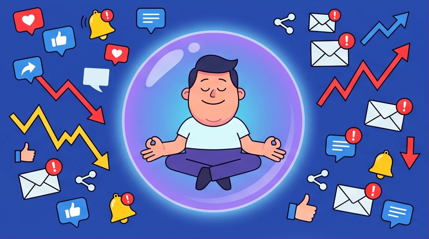 Illustration of a person achieving inner peace amid external chaos, representing Naval Ravikant's happiness equation as a trainable skill.