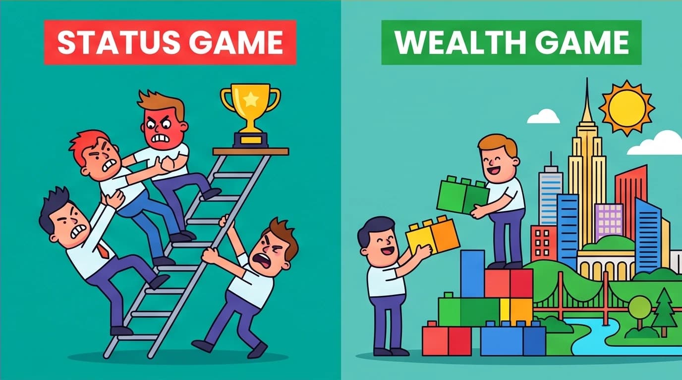 A visual comparison of a zero-sum 'status game' versus a positive-sum 'wealth game' from Naval Ravikant's teachings on happiness.